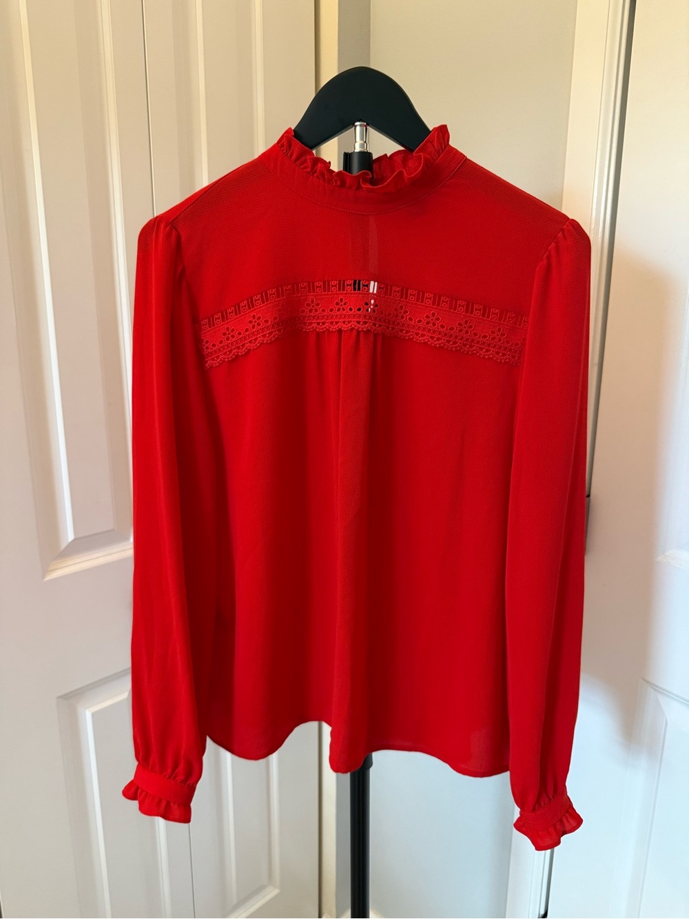 CeCe Bright Red Ruffled Lace-Yoke Blouse